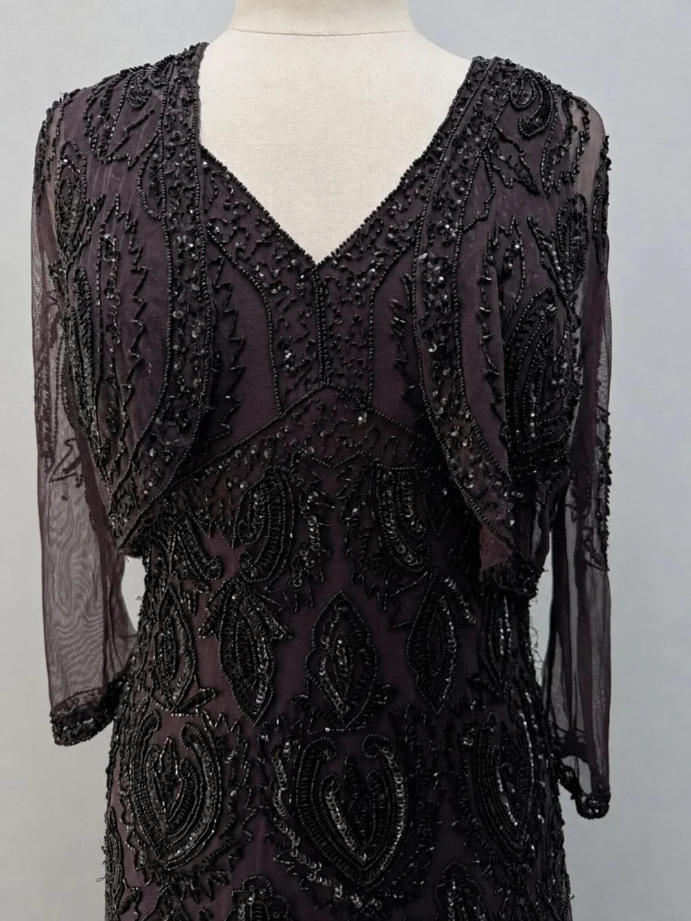 12P Plum Beaded Sequin Maxi Dress & Bolero Jacket Formal Flapper 20s Art Deco